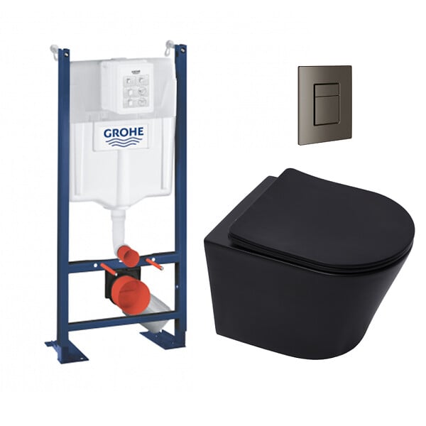 GROHE - Grohe Pack WC bâti-autorportant Rapid SL + WC infinitio noir mat sans bride + Abattant softclose + Plaque (ProjectBlackInfinitio-AL0) - large
