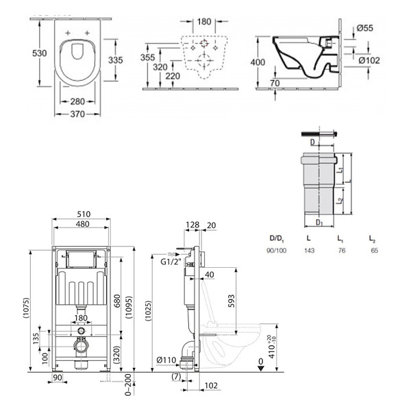 VILLEROY & BOCH - Pack WC Bâti-support Villeroy & Boch + Cuvette Villeroy sans bride + Plaque blanche + Set habillage (ViConnectArchi2-2-sabo) - large