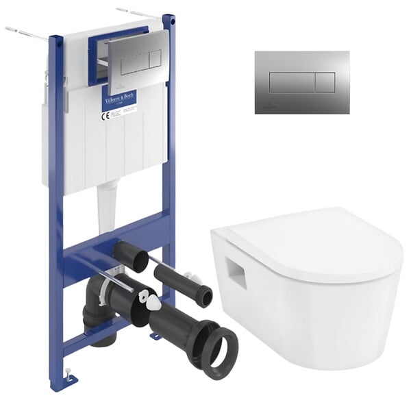 VILLEROY & BOCH - ViConnect Pro S Pack WC Bâti Villeroy & Boch + WC sans bride Hansgrohe EluPura + Abattant softclose + Plaque Chrome (VCNPURAS1) - large