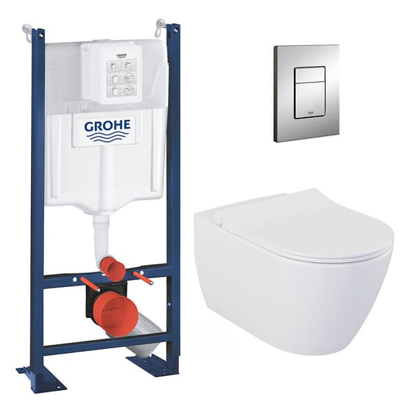 GROHE - Pack WC Bâti-autoportant Rapid SL + WC sans bride Bello + Abattant softclose + Plaque chrome (ProjectBello-1) - large
