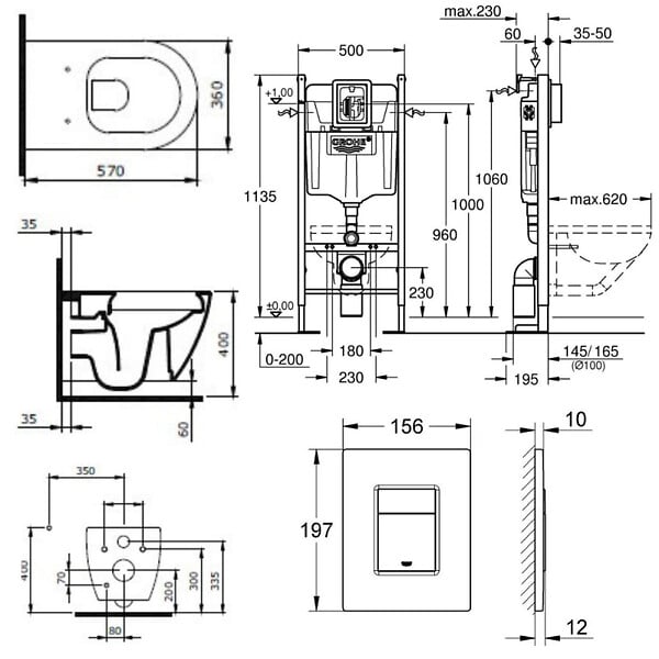 GROHE - Pack WC Bâti-autoportant Rapid SL + WC sans bride Bello + Abattant softclose + Plaque chrome (ProjectBello-1) - large