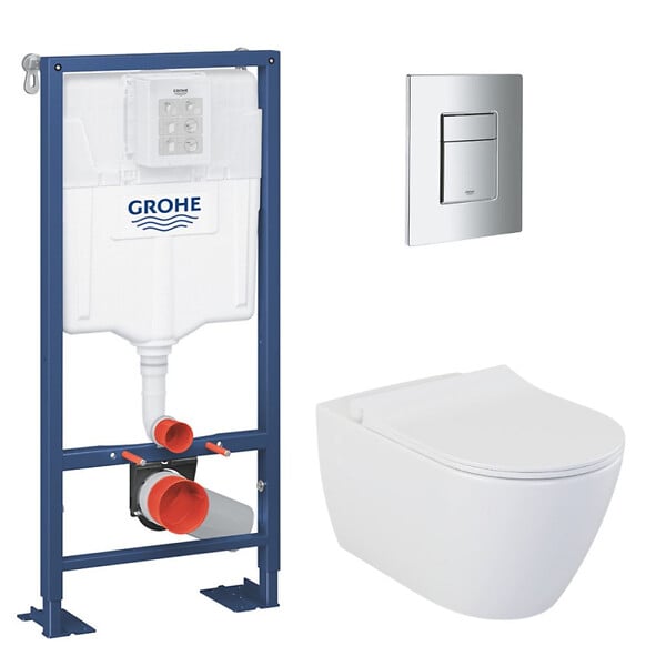 GROHE - Grohe Pack WC Bâti Autoportant Solido + Cuvette Bello + Abattant soft close  + Plaque Chrome (AUTOPORTANT-BELLO-1) - large