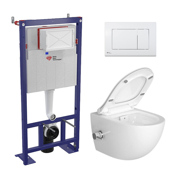 SWISS AQUA TECHNOLOGIES - Swiss Aqua Technologies Pack WC bâti-autoportant + WC sans bride SAT Infinitio avec fonction bidet thermostatique + Abattant softclose + Plaque blanche - large