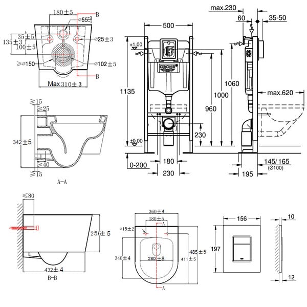 GROHE - Pack WC autoportant avec cuvette Swiss Aqua Technologies sans bride + Plaque chrome (ProjectSATrimless-1-SP) - large