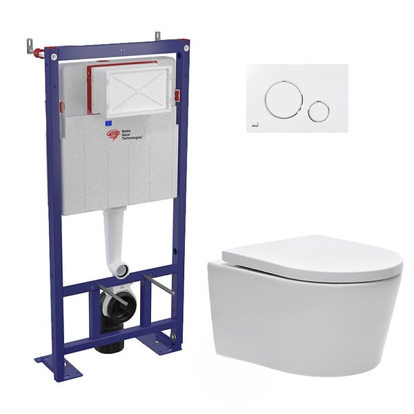 SWISS AQUA TECHNOLOGIES - Pack WC bâti-autoportant + WC SAT sans bride fixations invisibles + Abattant softclose + Plaque blanche (SMART-SATrimless-9) - large