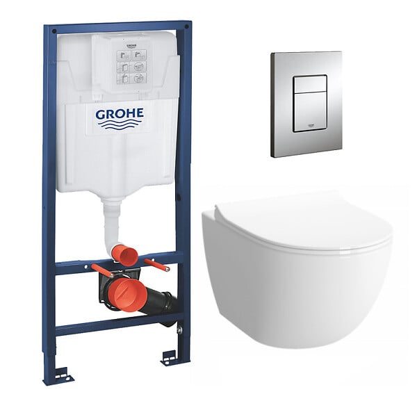 GROHE - Grohe Pack WC Bâti + cuvette Sento RIM-EX (sans bride) compacte + plaque de commande chrome (GROHE-SentoRimlessCOMPACT) - large