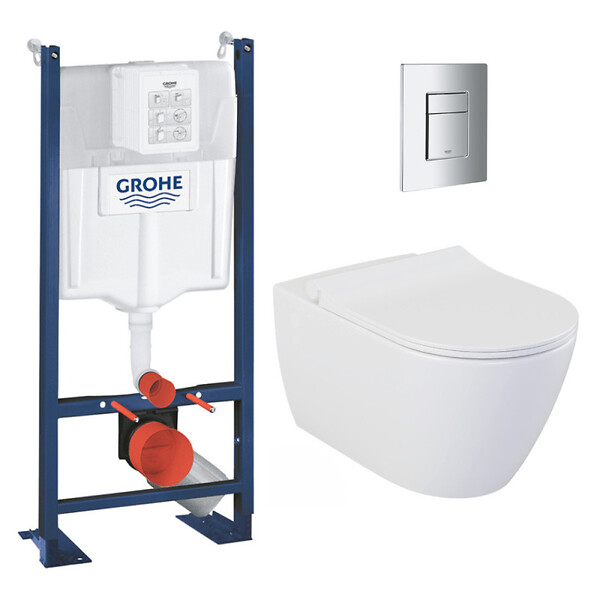 GROHE - Pack WC Bâti-autoportant Rapid SL + WC sans bride Bello + Abattant softclose + Plaque chrome (ProjectBello-1-SP) - large
