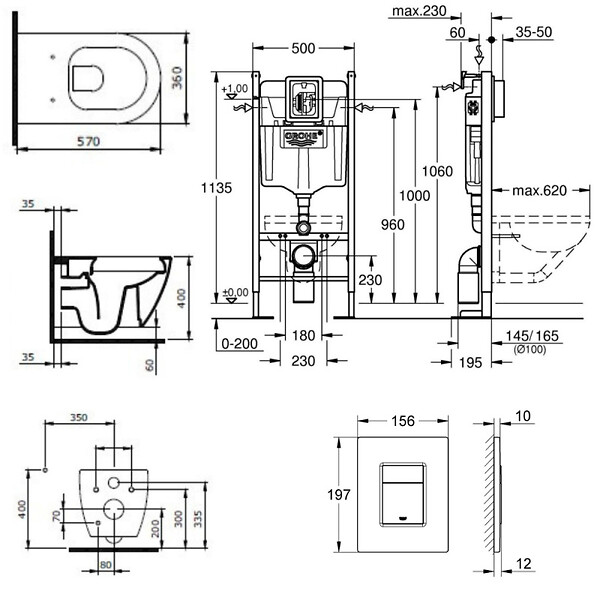 GROHE - Pack WC Bâti-autoportant Rapid SL + WC sans bride Bello + Abattant softclose + Plaque chrome (ProjectBello-1-SP) - large
