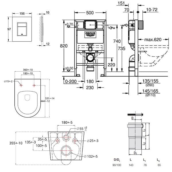 GROHE - Pack WC Bâti-support Rapid SL + WC sans bride SAT Brevis + Plaque Chrome (RapidSL082-Brevis-1) - large