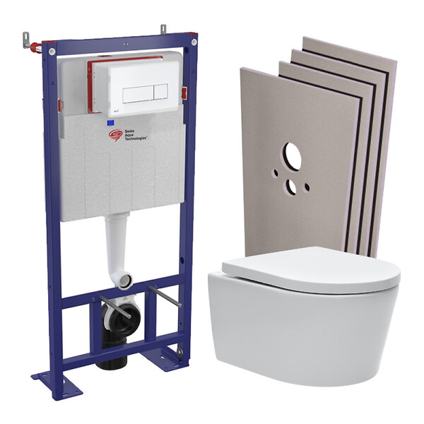 SWISS AQUA TECHNOLOGIES - Swiss Aqua Technologies Pack WC bâti-autoportant + WC SAT sans bride + Abattant softclose + Plaque blanche + Set d'habillage - large