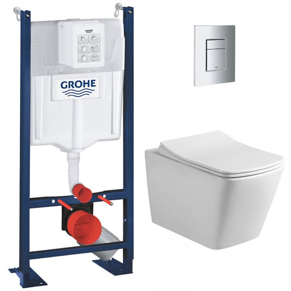GROHE - Pack WC Bâti autoportant + WC sans bride SAT Infinitio Design + Abattant softclose + Plaque chrome - large