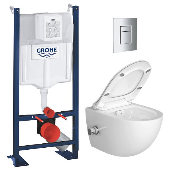 GROHE - Grohe Pack WC Bâti autoportant Rapid SL + WC sans bride avec fonction bidet thermostatique + Plaque chrome (ProjectSATClean-1) - large