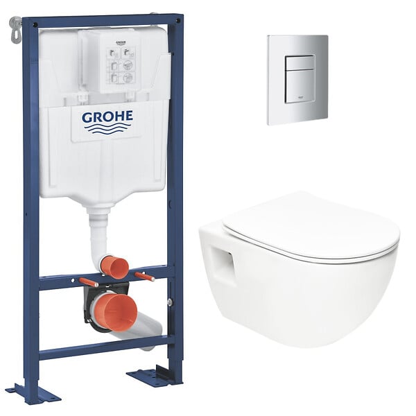 GROHE - Grohe Pack WC Bâti Autoportant Solido + WC sans bride SAT + Abattant SoftClose + Plaque Chrome (AUTOPORTANT-PROJECT-1) - large