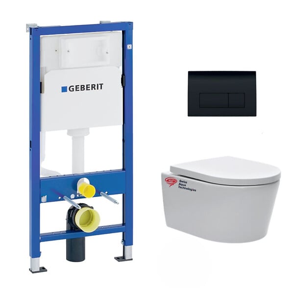 GEBERIT - Pack WC Bati Geberit UP100 + WC sans bride Swiss Aqua Technologies + Abattant softclose + Plaque Noir brillant - large