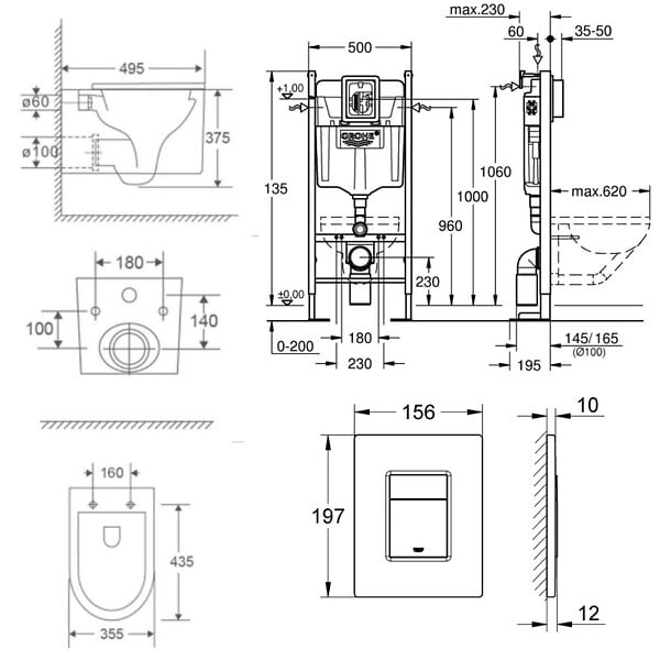 GROHE - Pack WC Bâti autoportant + WC sans bride SAT + Abattant SoftClose + Plaque Chrome (ProjectDelanoTQ-1) - large