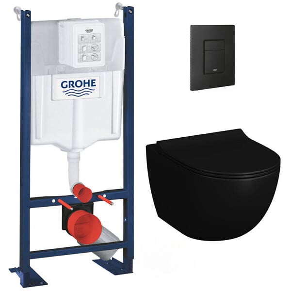 GROHE - Grohe Pack WC Bâti autoportant Rapid SL + WC sans bride Infinitio 2.0 Noir mat + Abattant softclose + Plaque Noir mat - large