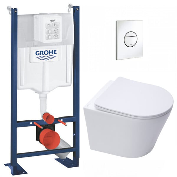 GROHE - Grohe Pack WC Bâti-support autoportant + WC sans bride SAT Infinitio + Abattant softclose + Plaque blanc alpin (ProjectInfinitio-6) - large