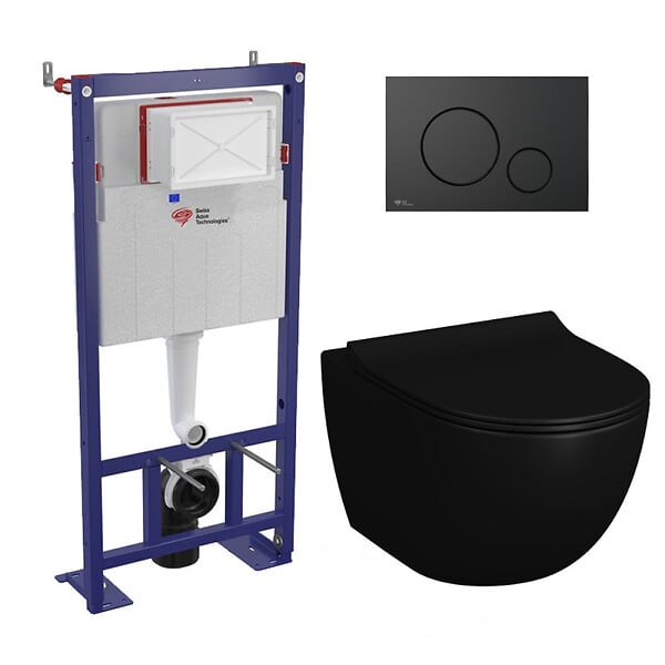 SWISS AQUA TECHNOLOGIES - Swiss Aqua Technologies Pack WC bâti-autoportant + WC Infinitio noir mat sans bride et fixations invisibles + Abattant softclose + Plaque noir mat - large