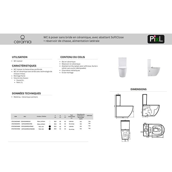 CERAMIA - PixL WC à poser sans bride + abattant SoftClose + réservoir de chasse, alimentation par le bas, blanc brillant (CEPX030RREXVPBI) - large