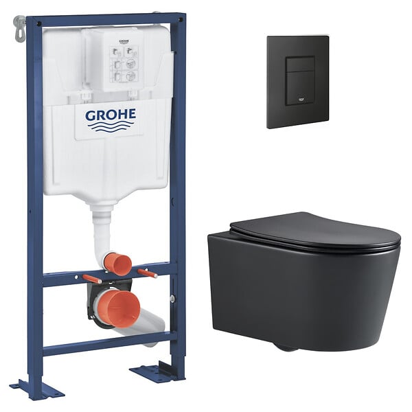 GROHE - Grohe Pack WC Bâti Solido + WC sans bride SAT Noir mat + Abattant frein de chute + Plaque noir mat (AUTOPORTANT-BLACKSAT-KF0) - large