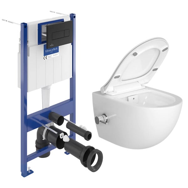 VILLEROY & BOCH - Pack WC Bâti sol mur Villeroy & Boch + WC SAT avec bidet thermostatique + Abattant SoftClose + Plaque noire (VCNSATCL4) - large