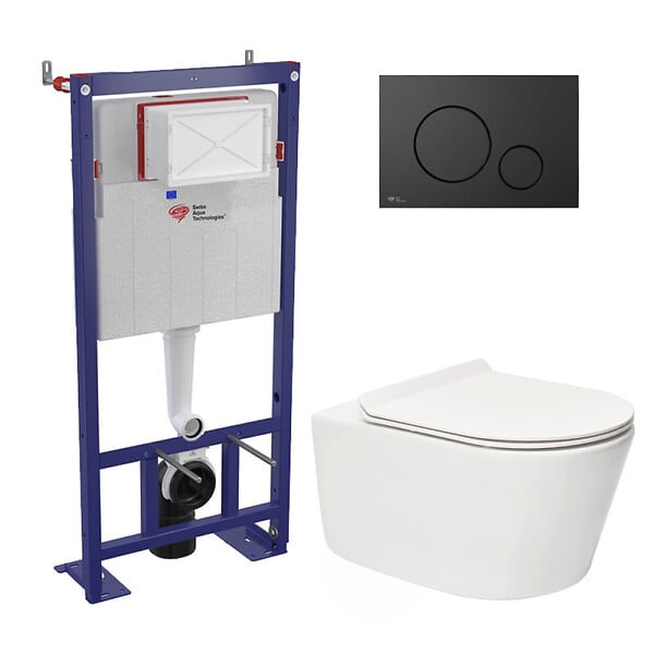 SWISS AQUA TECHNOLOGIES - Swiss Aqua Technologies Pack WC bâti-autoportant + WC SAT sans bride fixations invisibles + Abattant softclose + Plaque noir mat - large