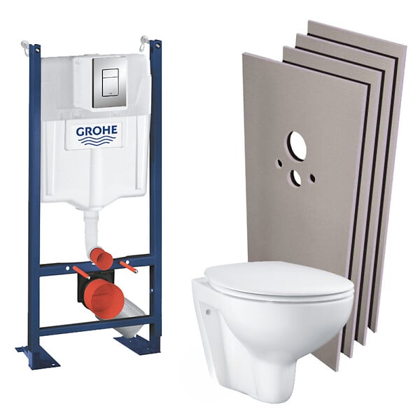 GROHE - Grohe Pack WC bâti-autoportant + Cuvette Bau sans bride + Abattant softclose + Plaque chrome + Set d'habillage (ProjectBau-1-sabo) - large