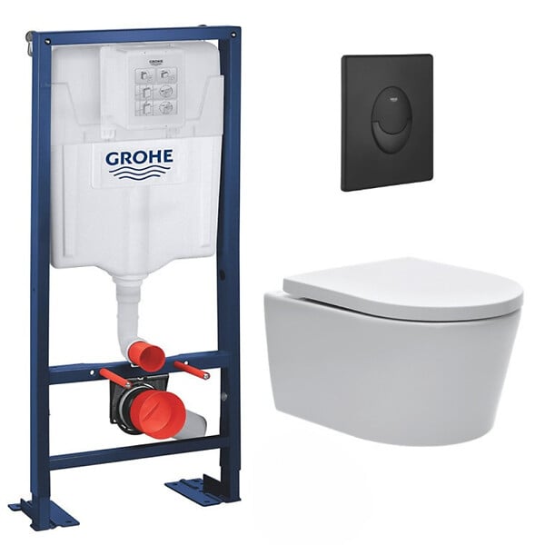 GROHE - Grohe Pack WC bâti-autoportant Rapid SL + WC sans bride SAT, fixations invisibles + Abattant softclose + Plaque Noire mat - large
