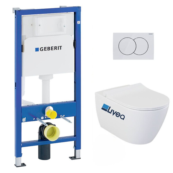 GEBERIT - Pack WC Bati-support Geberit UP100 + WC sans bride Livea Bello + Abattant softclose + Plaque Blanc alpin ( Livea BelloGeb1) - large