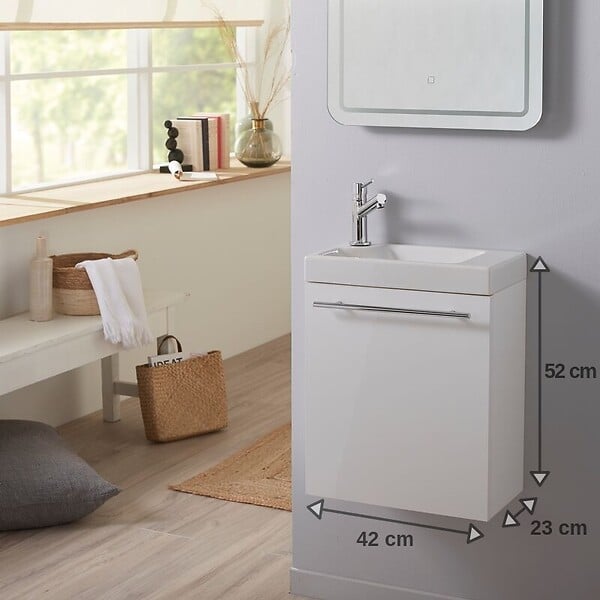 PLANETE BAIN - Pack lave-mains Blanc brillant - Robinetterie Eau froide à gauche - L.42.5 X H.52.5 cm - Hamac 2 - large