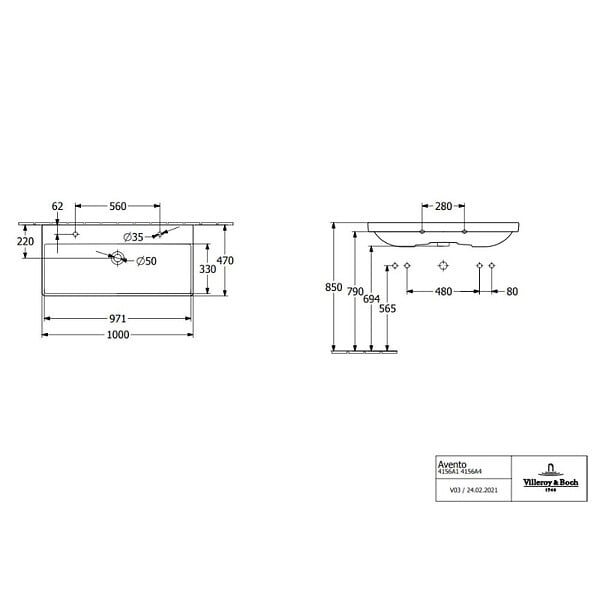 VILLEROY & BOCH - Plan de toilette Avento, 1000 x 470 x 165 mm, Blanc, avec trop-plein (4156A401) - large
