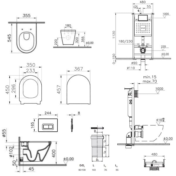 VITRA - Pack WC Bâti-support V-Fix Core + WC sans bride Integra, fixations invisibles + Plaque, Blanc Brillant (V-FixIntegraRimless-1) - large