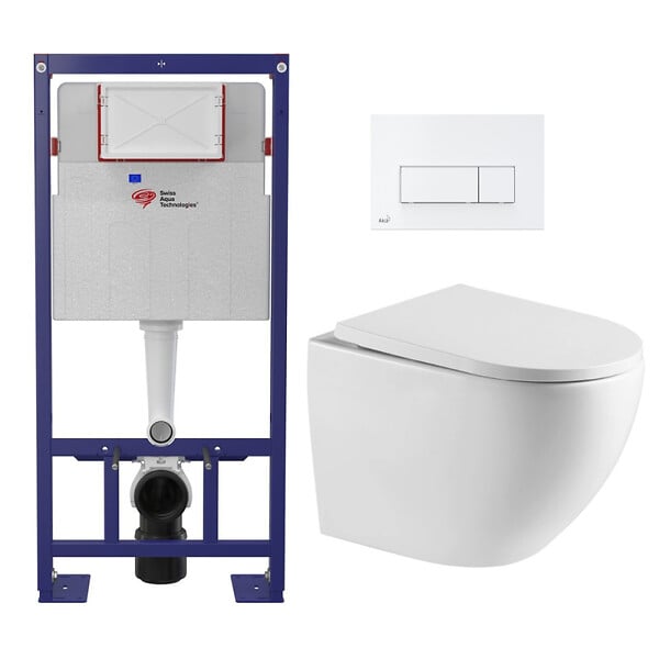 SWISS AQUA TECHNOLOGIES - Swiss Aqua Technologies Pack WC Bâti-support Autoportant + WC sans bride SAT + Abattant SoftClose + Plaque Blanche (SMART-FusionTQ-4) - large