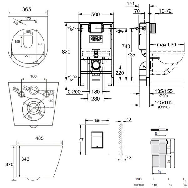 GROHE - Grohe Pack WC Bâti-support Rapid SL + WC Swiss Aqua Technologies Infinitio sans bride + Plaque Noir mat (RapidSL082-Infinitio-KF0) - large
