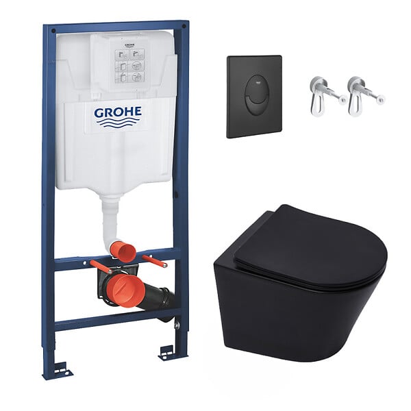 SWISS AQUA TECHNOLOGIES - Pack WC Bâti-support Rapid SL + WC Infinitio sans bride noir mat + Abattant softclose + Plaque noire mat - large