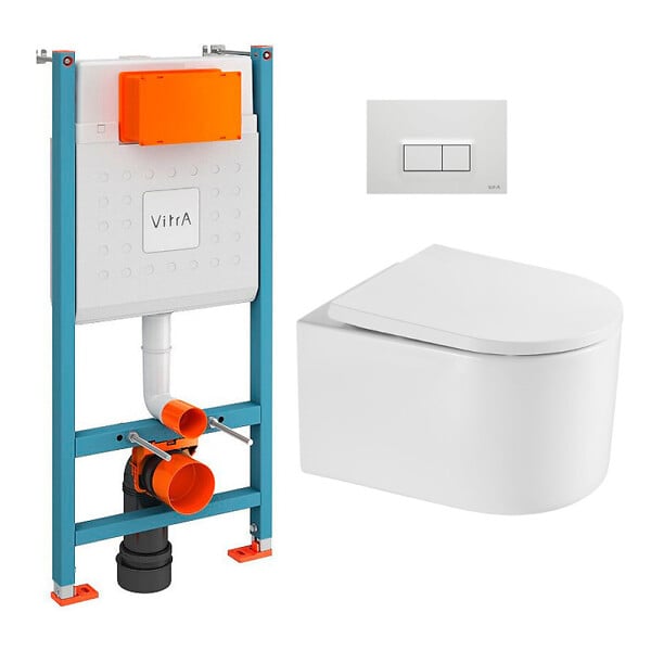 VITRA - Vitra  Pack WC Bâti-support V-Fix + WC sans bride SAT + Abattant SoftClose + Plaque, Blanc Brillant (V-FixDelanoTQ-1) - large