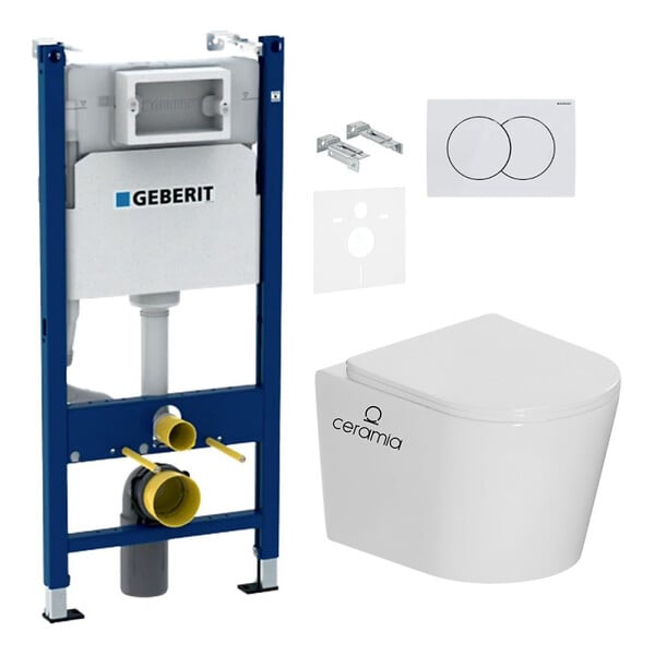 GEBERIT - Pack WC bâti-support Duofix 112cm + WC sans bride + abattant SoftClose + set d'isolation + plaque blanche (CETORGEB3SET) - large