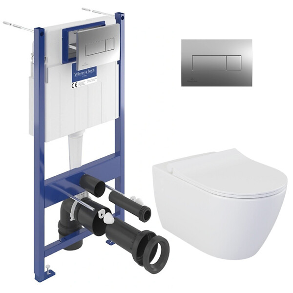 VILLEROY & BOCH - ViConnect Pro S Pack WC bâti Villeroy & Boch + WC suspendu sans bride Livea + abattant SoftClose + plaque (VCNBELLO2SPCH) - large