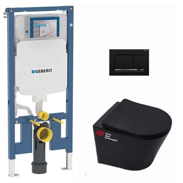 GEBERIT - Pack WC Bati-support Geberit UP720 + WC sans bride SAT Infinitio noir mat + Fixations cachees + Abattant softclose - large