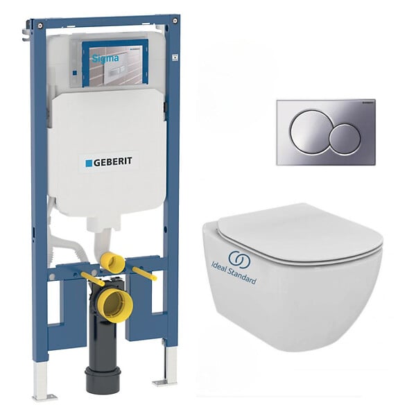 GEBERIT - Pack WC Bati-support Geberit extra-plat UP720 + WC Ideal Standard Tesi Aquablade + Abattant softclose + Plaque Chrome - large