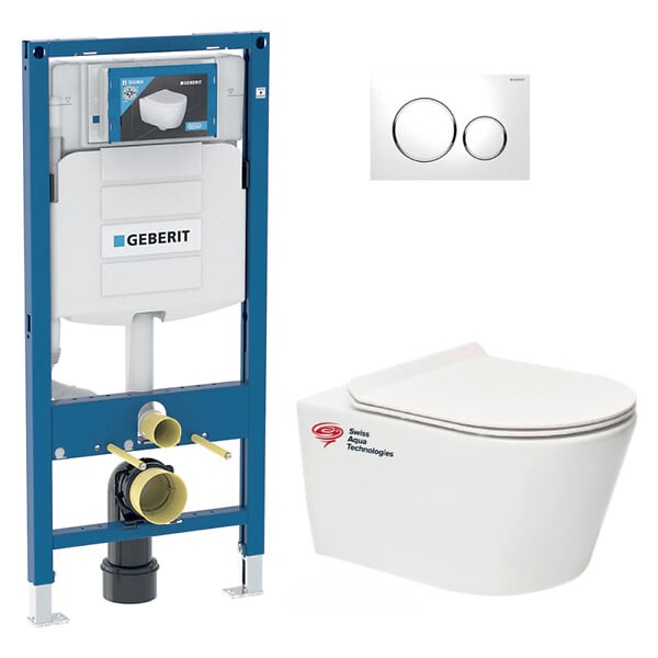 GEBERIT - Pack WC bâti-support Geberit + WC sans bride Swiss Aqua Technologies + Abattant SoftClose + Plaque chrome (GebBrevis-C) - large