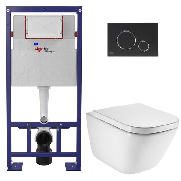 SWISS AQUA TECHNOLOGIES - Swiss Aqua Technologies Pack WC bâti-support autoportant + WC suspendu sans bride avec abattant SoftClose + plaque noir mat (STROGAWR07-U) - large