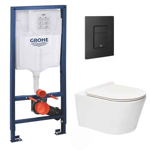 GROHE - Pack WC Bâti-support Rapid SL + WC sans bride SAT + Abattant slim, softclose + Plaque de commande noir mat - large