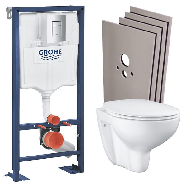 GROHE - SOLIDO Pack Bâti-support + Cuvette suspendue + Abattant +Set de montage +Plaque chrome (AUTOPORTANT-BAU-1-SABO) - large