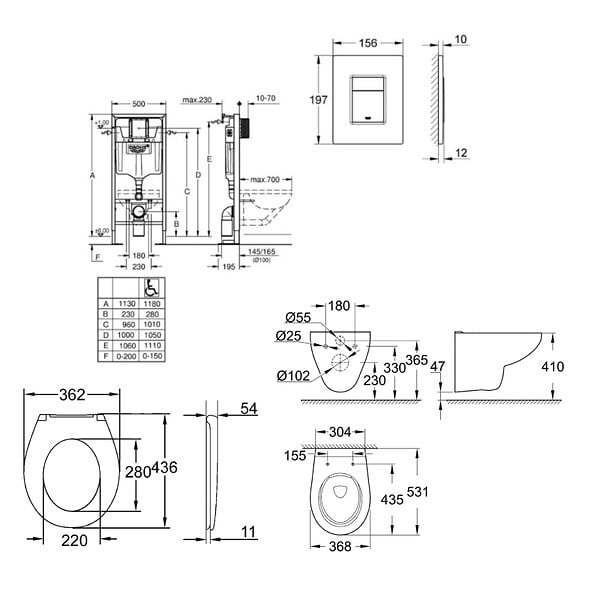 GROHE - SOLIDO Pack Bâti-support + Cuvette suspendue + Abattant +Set de montage +Plaque chrome (AUTOPORTANT-BAU-1-SABO) - large