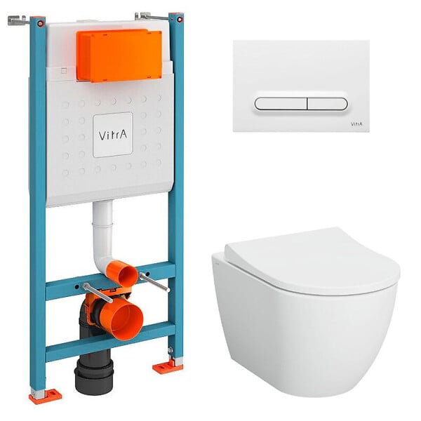 VITRA - Vitra  V-Fix Core Pack WC bâti-support + WC sans bride Vitra S60 + Abattant SoftClose + Plaque blanc (V-FixS60-4) - large