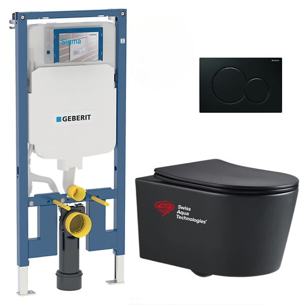 GEBERIT - Pack WC Bati-support Geberit slim + WC sans bride Swiss Aqua Technologies + plaque noire mat (SLIMBLSATASP) - large