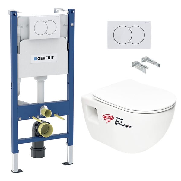 GEBERIT - Pack WC bati-support Geberit + WC sans bride Swiss Aqua Technologies + abattant SoftClose + plaque Blanche (ProjectGeb3) - large