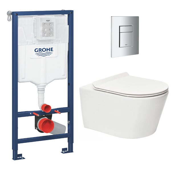 GROHE - Pack WC Bâti-support Rapid SL + WC sans bride Brevis + Abattant softclose + Plaque chrome (RapidSL-Brevis-1-SP) - large