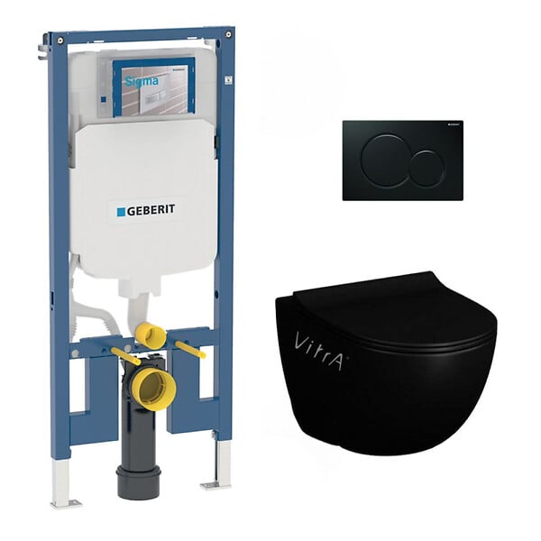 GEBERIT - Pack WC Bati-support Geberit UP720 extra-plat + WC Vitra Sento sans bride Noir mat + Abattant softclose + Plaque Noire - large